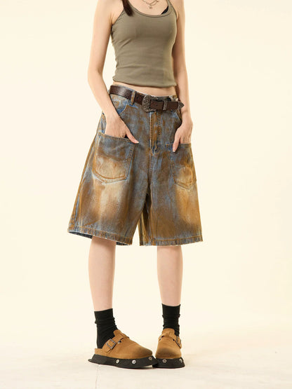 Distressed Denim Oversized Pocket Shorts