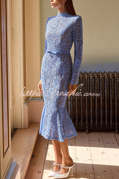 Feminine and Flower Lace Long Sleeve Bow Belted Flare Midi Dress