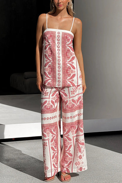 Unique Print Loose Tank Top and Elastic Waist Wide Leg Straight Pants Set