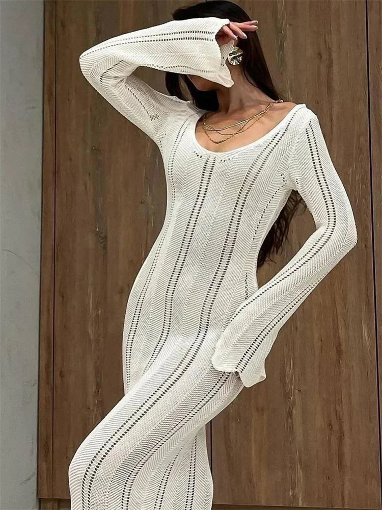 Hollow Out Knitwear Backless Long Dress ’s Slim High Waist Skinny Autumn Party Dress Female Knit Dress