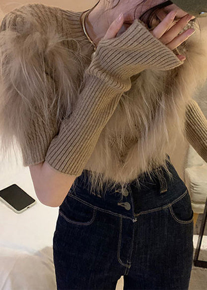 Art Khaki Leather and Fur Patchwork Knit Sweaters Winter Qc014