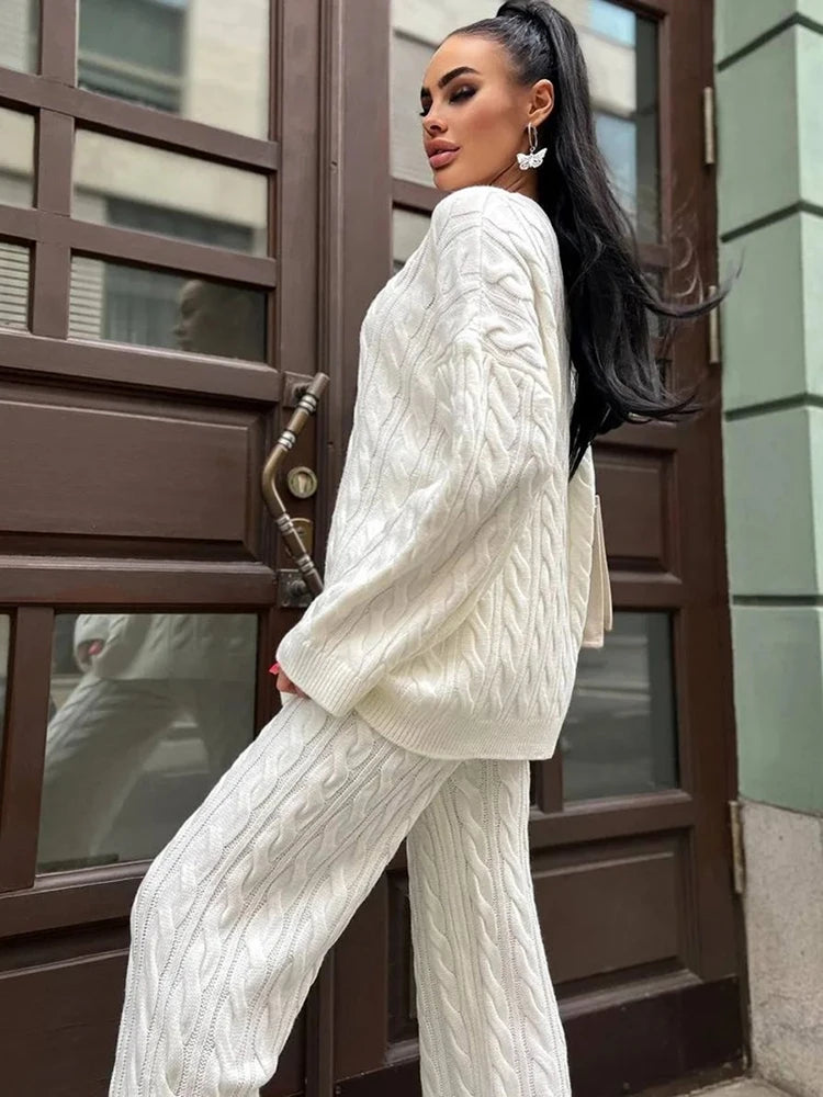 Autumn Knit Outfits Two Piece Sets Rib Loose Pullover and Wide Legs Pants Sweater Suit Matching Sets