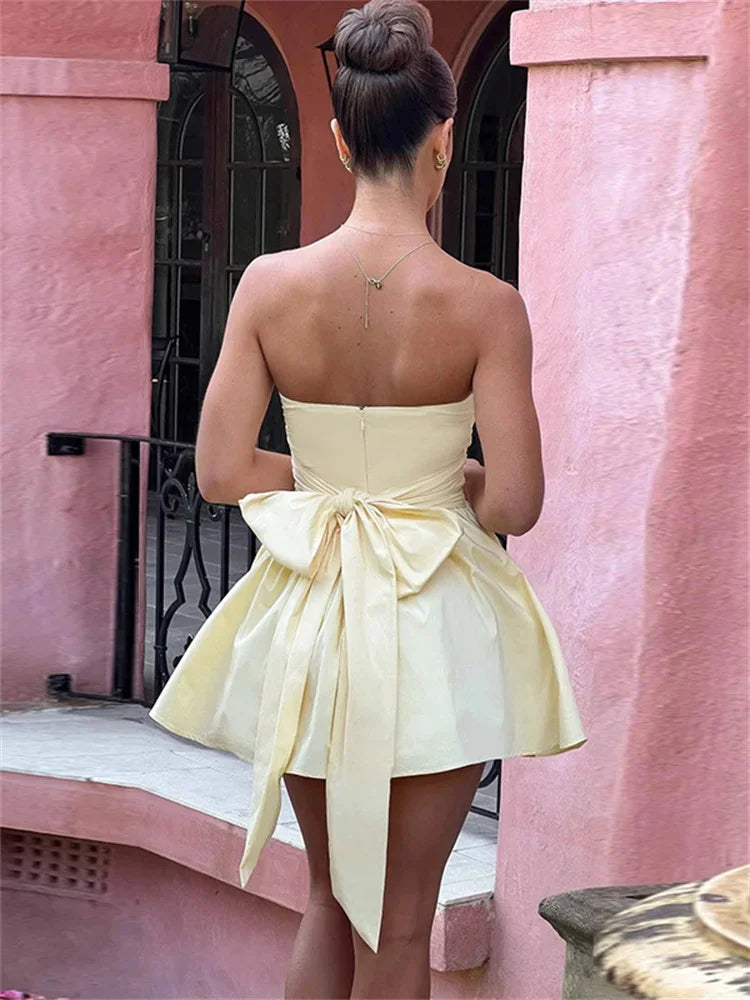 Tee Bow Bandeau Pleated Mini Dress for Sleeveless Patchwork Bandage Party Dress Female Lace-up Y2k Dress New