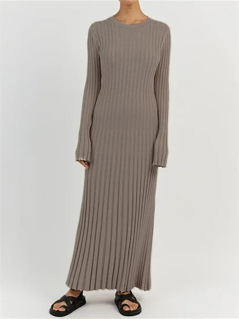 Lace-up Female Knit Maxi Dress – Autumn High Waist Patchwork Long Sleeve Bandage Knitwear Dress