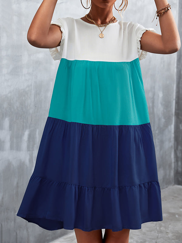 Loose Ruffle Sleeves Contrast Color Falbala Pleated Split-joint Round-neck Mini Dresses