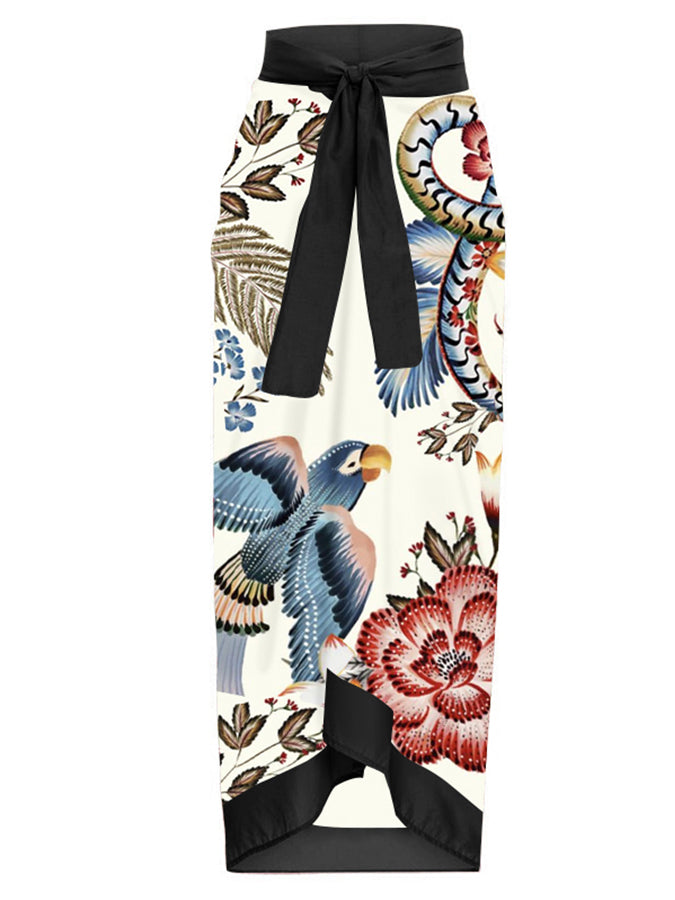 V Neck Ruffle Print Swimsuit and Skirt