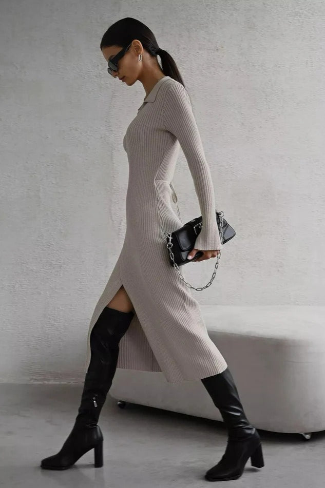Belted Long Sleeve Knit Sweater Dress