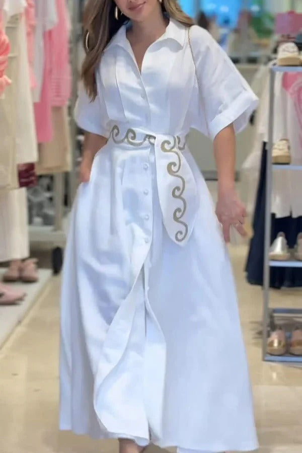 Color Lapel Pocket Pattern Lace-up Loose Maxi Dress