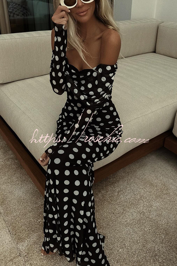 Statement Polka Dot Print Off Shoulder Ruched Stretch Maxi Dress