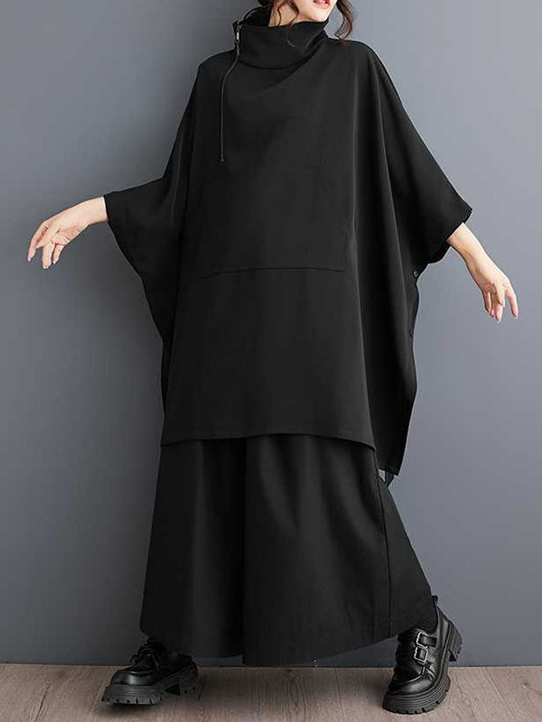 Simple Loose Black Mock Neck With Zipper Buttoned Pockets Batwing Sleeves Sweatshirt Ws016