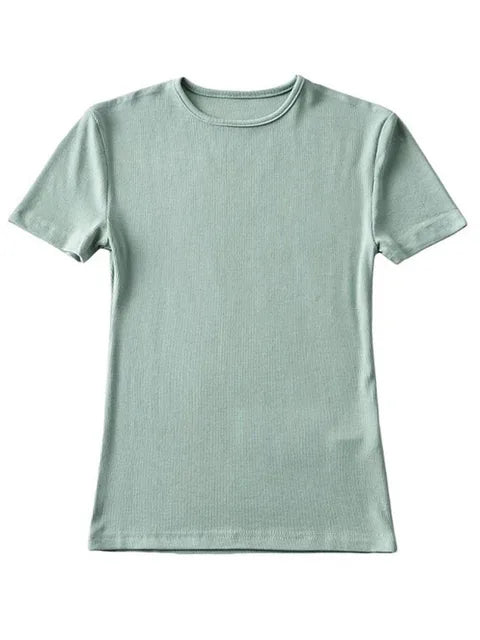Summer Woman Skinny Fit T-shirt Tight Short-sleeve O-neck Tee Basic Crop Tops T Shirt