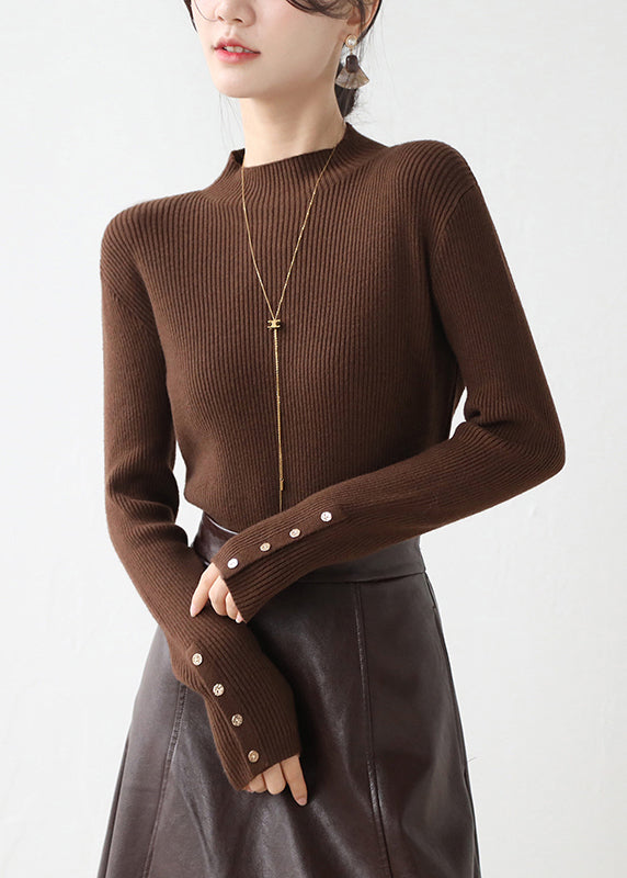 New White Hign Neck Button Patchwork Knit Sweater Winter Rv026