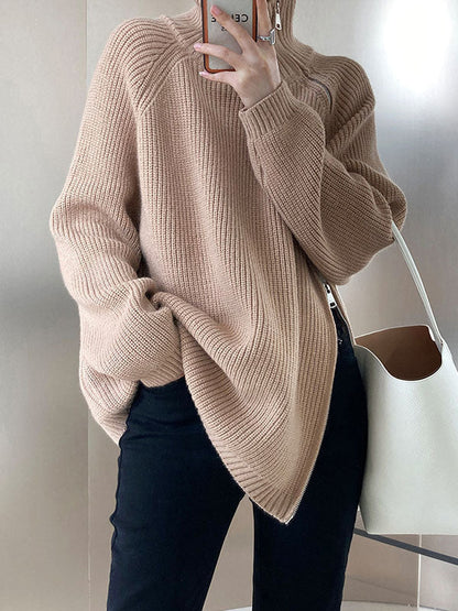 Urban Grey Halter-neck Split-side Zip-up Long Sleeve Sweater An1033