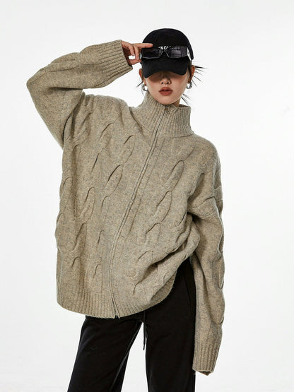 Ribbed Trim Cable Knit Zip-up Cardigan
