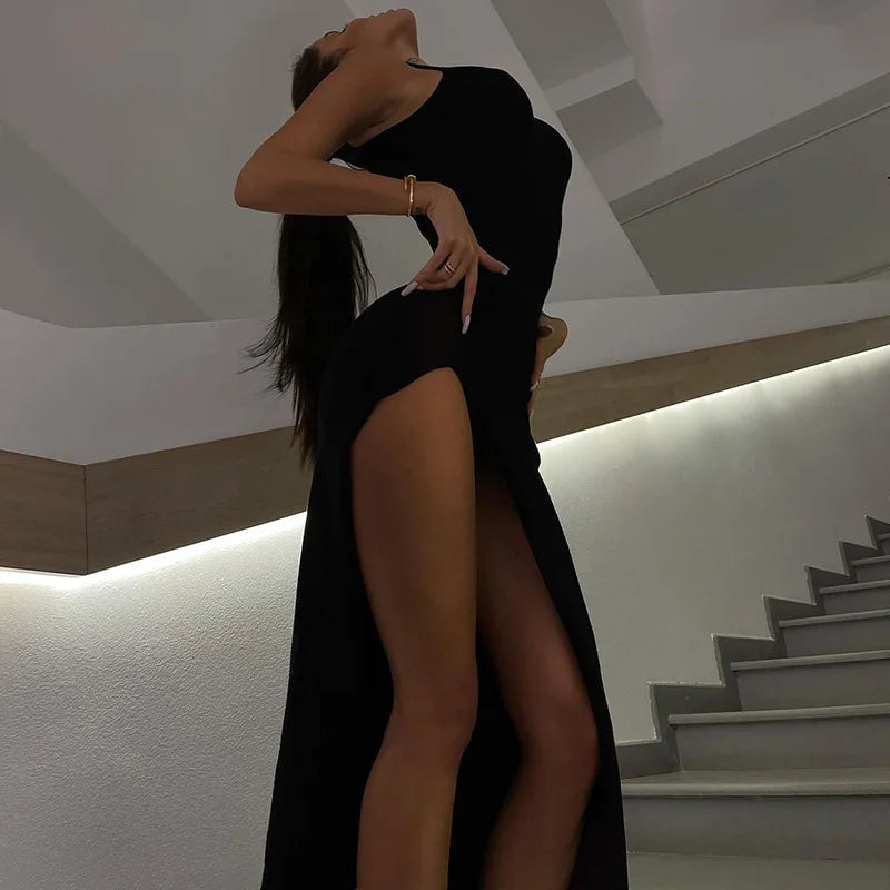 New Y2k Europe and the United States Cross-border Round Neck Sleeveless Slim-fit Slit Midi Dress
