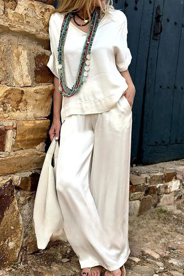 Satin Color Short-sleeved V-neck Top and Elastic Waist Pocket Wide-leg Pants Set
