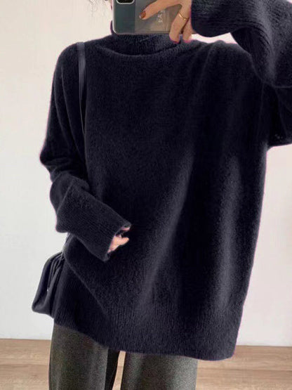 Red High Neck Split Hem Long Sleeve Sweater An1056