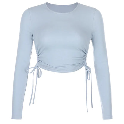 O-neck Long Sleeve Bodycon Cropped Tops Autumn Irregular Drawstring Bandage Knitted T-shirt