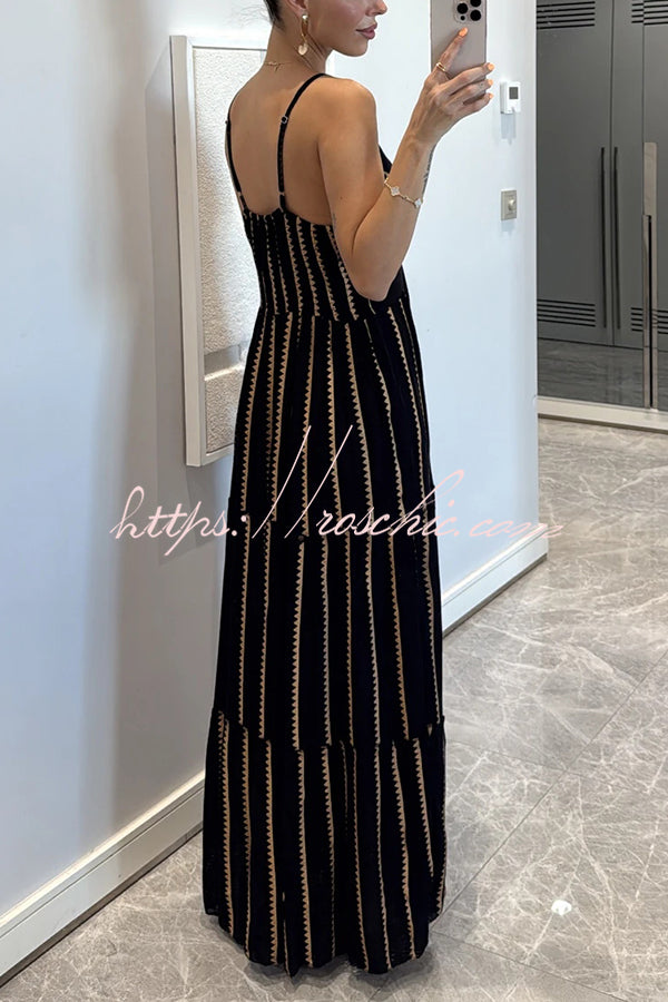 Striped Printed Suspender V-neck Full Hem Loose Holiday Maxi Dress