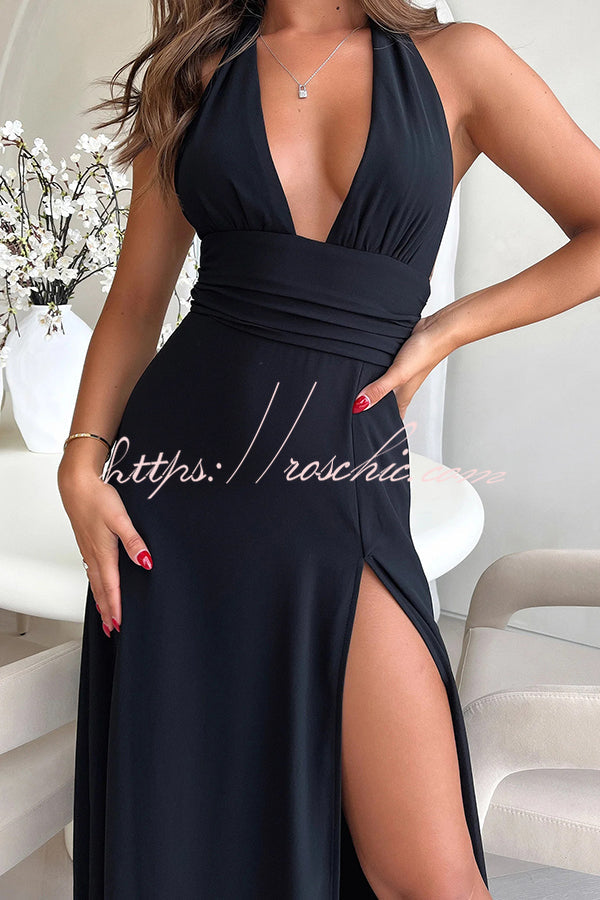 V-neck Backless Waist Tie High Slit Maxi Dress
