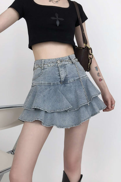 Layered Denim Ruffle Mini Skirt