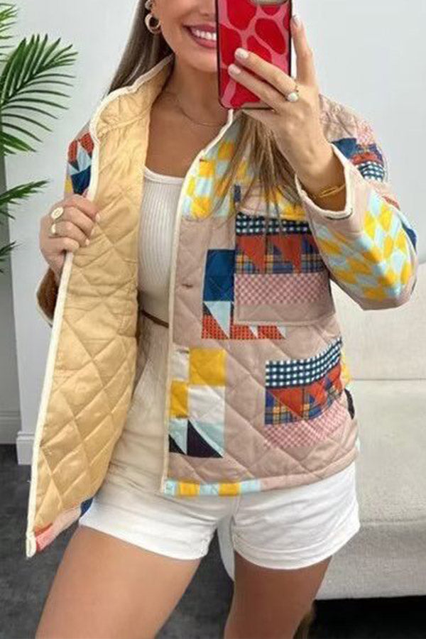 Geometric Print Stand Collar Quilted Cotton Coat