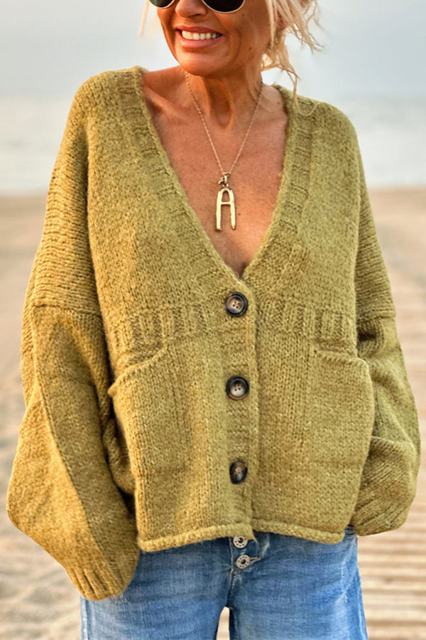 Color Loose Long Sleeve V-neck Pocket Knitted Sweater Cardigan