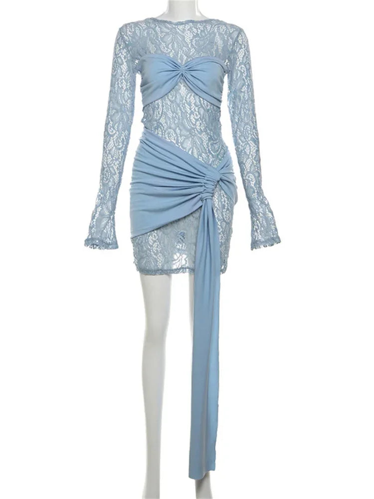 Printed See-through Mini Dress Female Bandage Long Sleeve Lace Patchwork Hollow Out Contrast Dress ’s Clothes