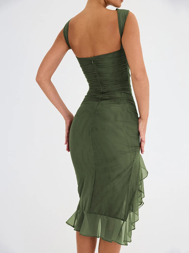 Ruffle Ruched Midi Dress for Robe Summer New Backless Sleeveless Irregular Club Party Dress Vestido