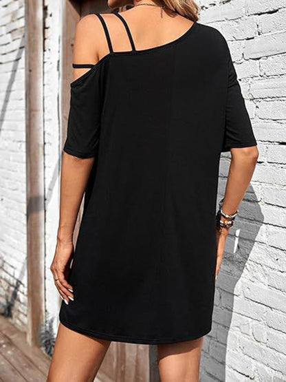 Loose Short Sleeves Asymmetric Color One-shoulder Mini Dresses