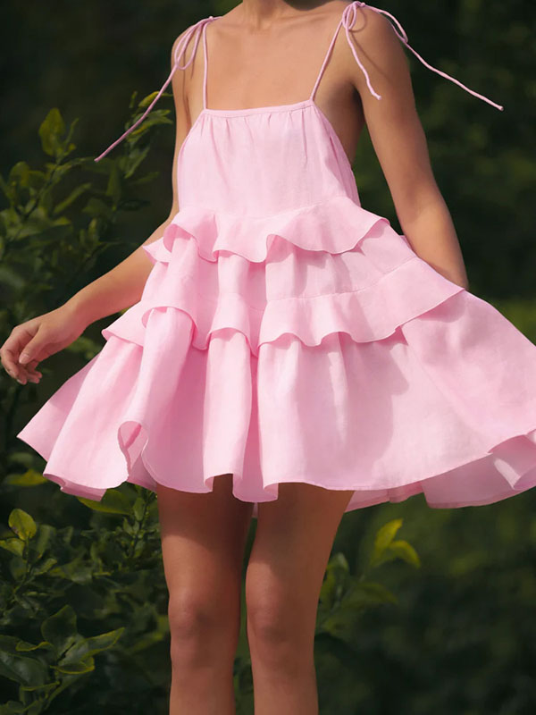 High Waisted Loose Backless Layered Pleated Color Tied Spaghetti-neck Mini Dresses