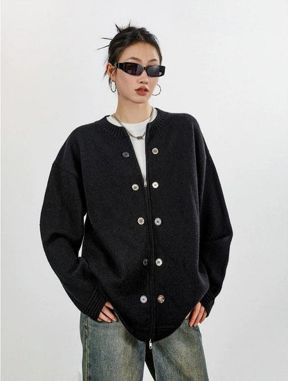 Ribbed Trim Oversized Button Zip Knit Cardigan