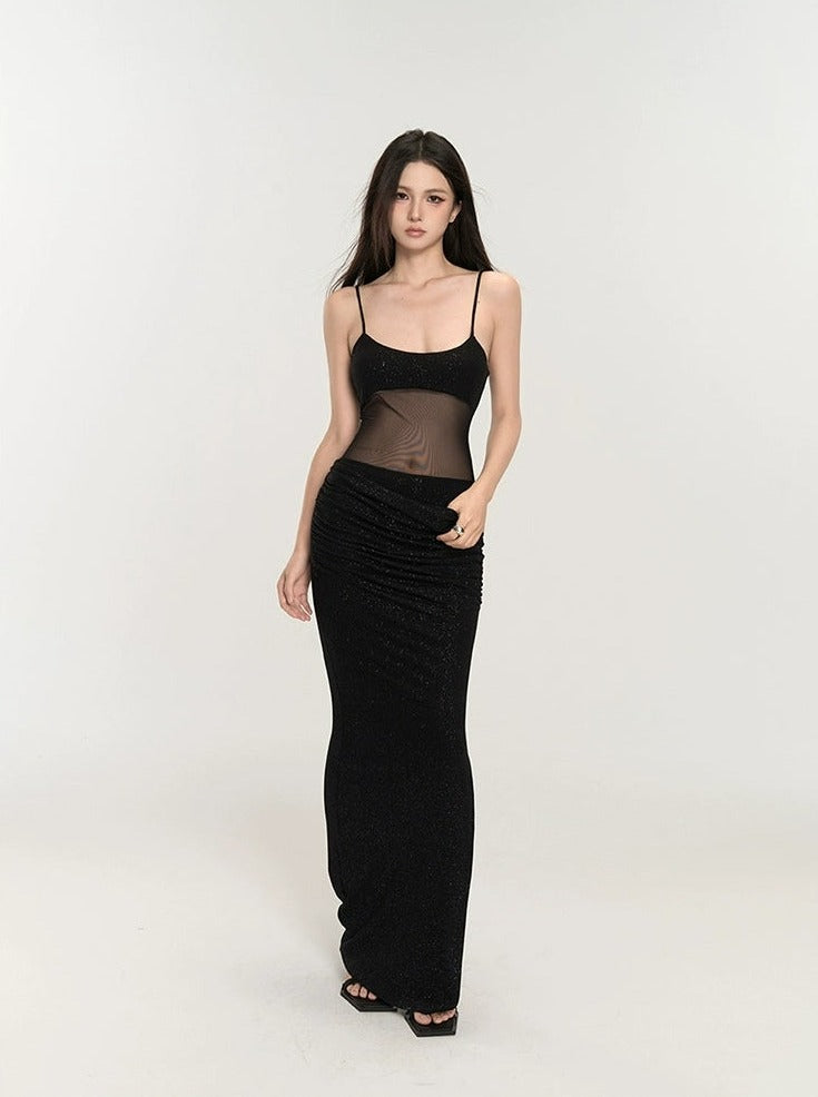 Black Mesh Glitter Maxi Dress