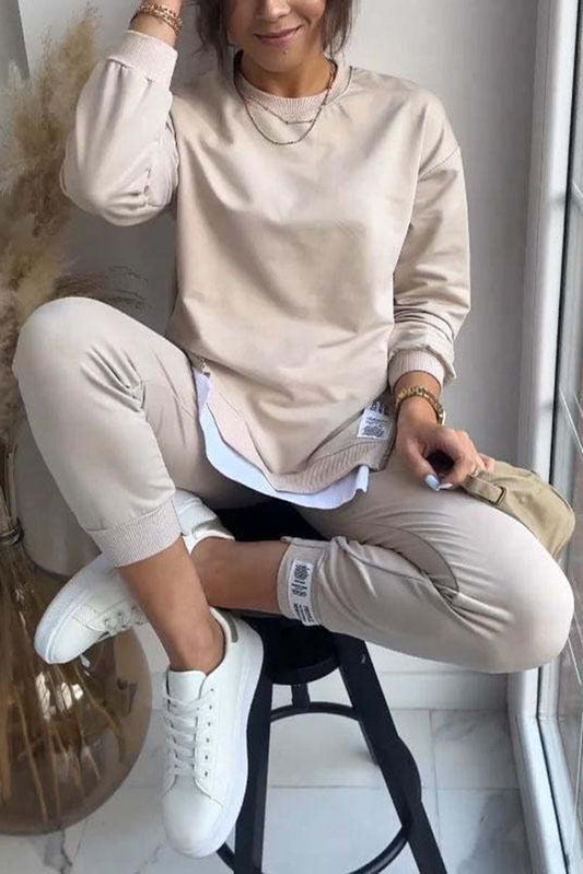 Color Round Neck Long-sleeved Sweatshirt and Elastic Waist Pants Set