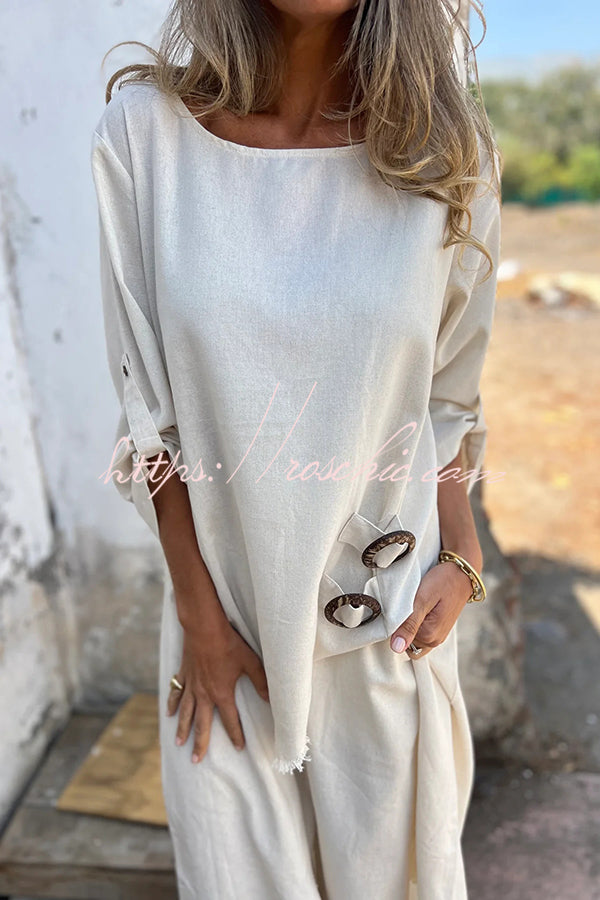 Jamilah Linen Blend Ring Detail Midi Blouse and Elastic Waist Pocketed Loose Pants Set