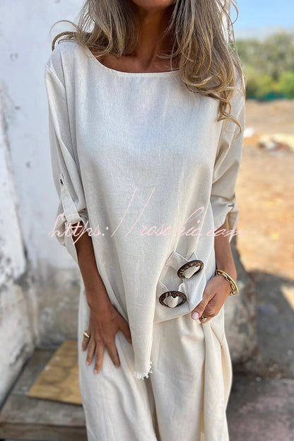 Jamilah Linen Blend Ring Detail Midi Blouse and Elastic Waist Pocketed Loose Pants Set
