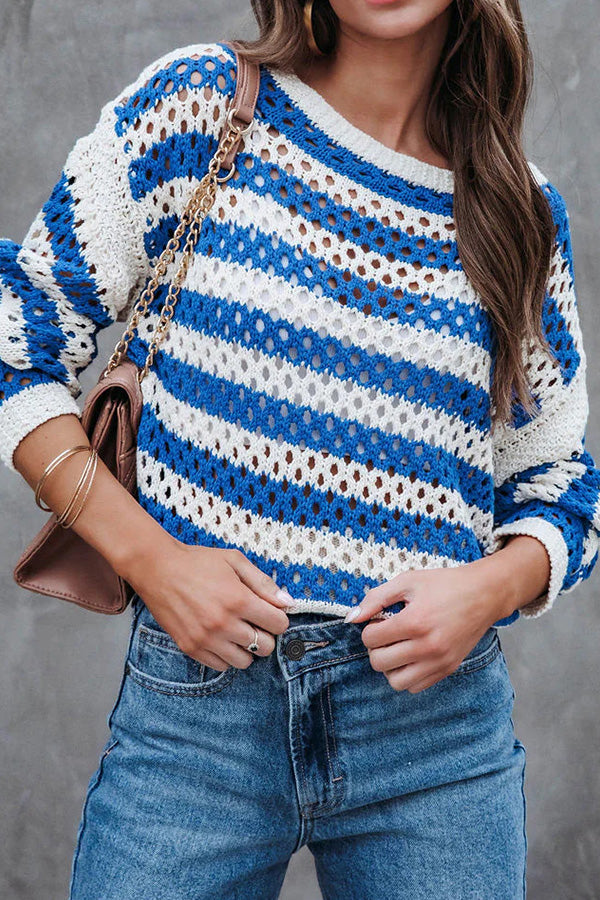 Loose Striped Hollow Crew Neck Knit Sweater