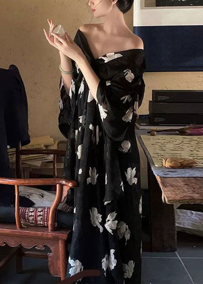 Stylish Black V Neck Print Chiffon Long Dress Half Sleeve Qp027