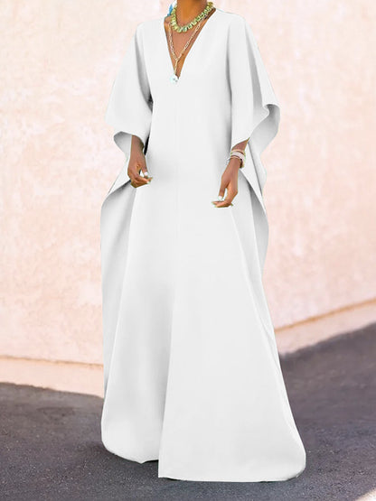 Batwing Sleeves Loose Color Split-side V-neck Maxi Dresses