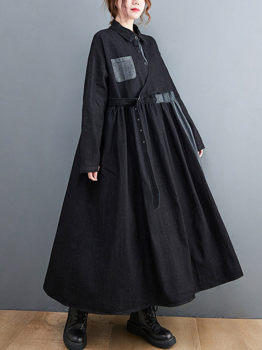 Original Loose Denim Split-joint Tied Lapel Collar Long Sleeves Midi Dress