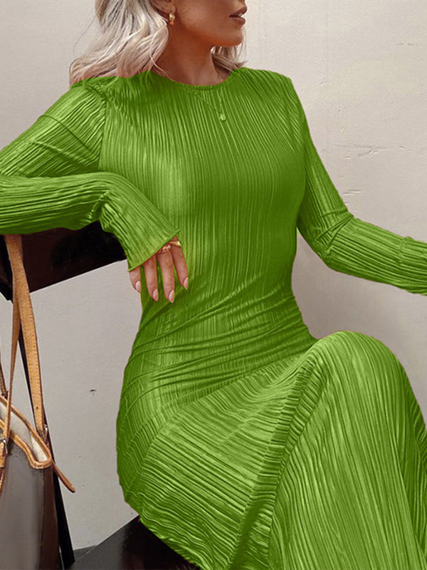 Long Sleeves Skinny Pleated Color Split-joint Round-neck Maxi Dresses