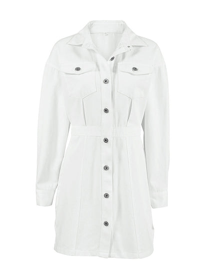 A-line Long Sleeves Buttoned Pockets Color Split-side Lapel Mini Dresses