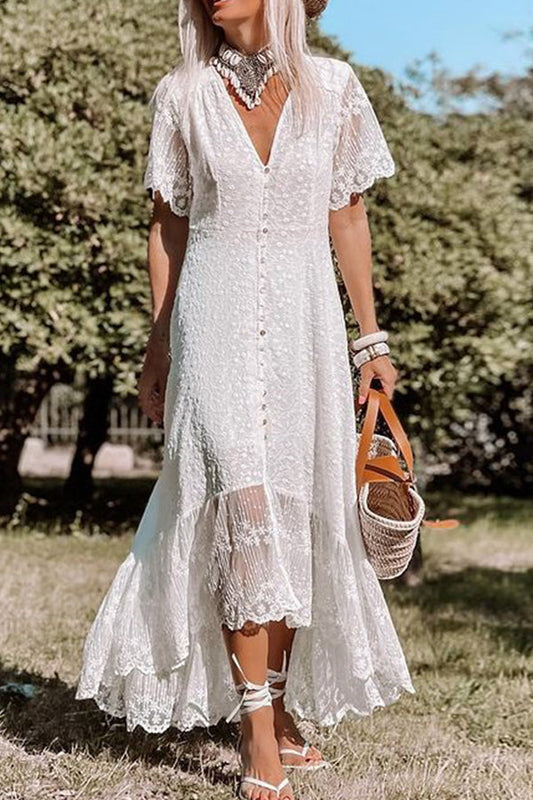 V Neck Slim Dress Lace Midi Dress