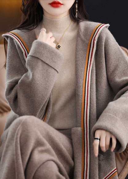 Unique Beige Zippered Patchwork Cozy Woolen Hoodie Cardigans Winter Wv020