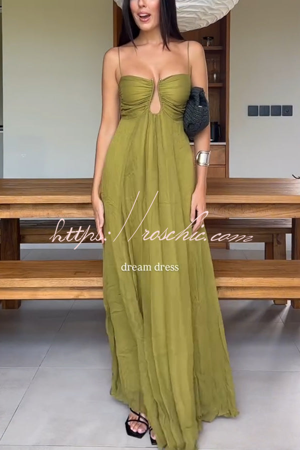 Soft and Metal Hollow Design Back Smocked A-line Slip Maxi Dress