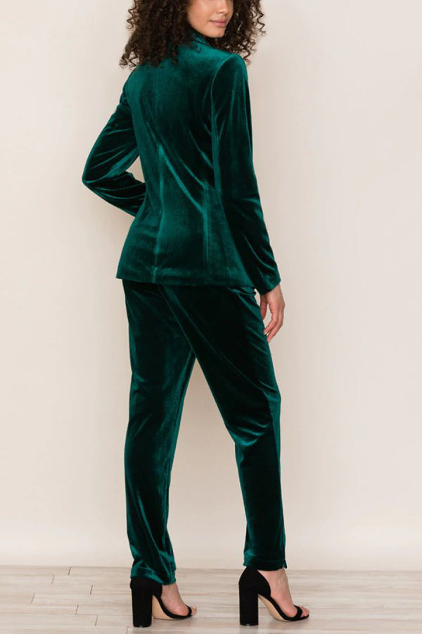 Color Velvet Long-sleeve Blazer and Elastic Waist Pocket Pants Set