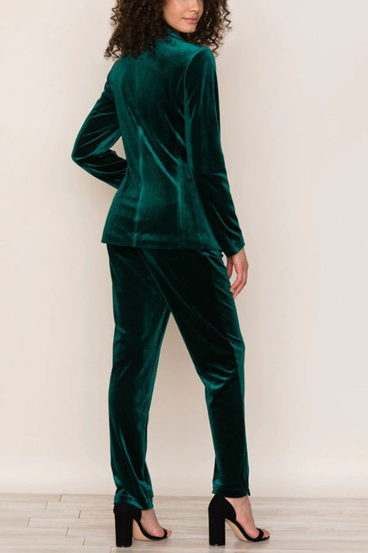 Color Velvet Long-sleeve Blazer and Elastic Waist Pocket Pants Set