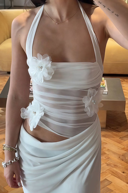 3d Patchwork Halter Slim Cutout Waist Maxi Dress