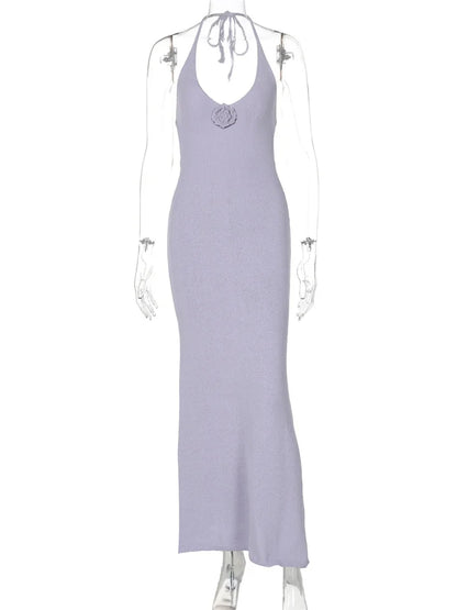 Autumn Knit Long Dress ’s Hollow Out Lace-up Scoop Neck Slim Patchwork Holiday Beach Dress Knitwear Maxi Dress
