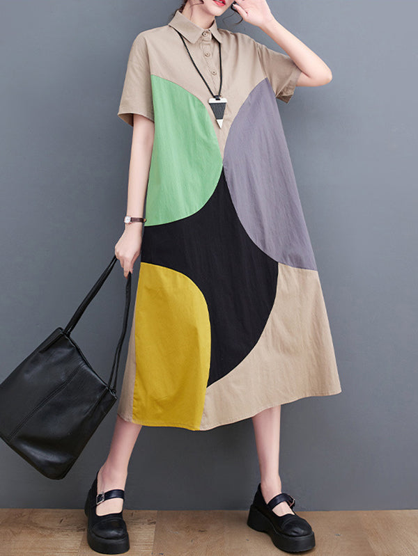 Loose Oversize Color-block Contrast Color Split-joint Lapel Midi Dresses Shirt Dress